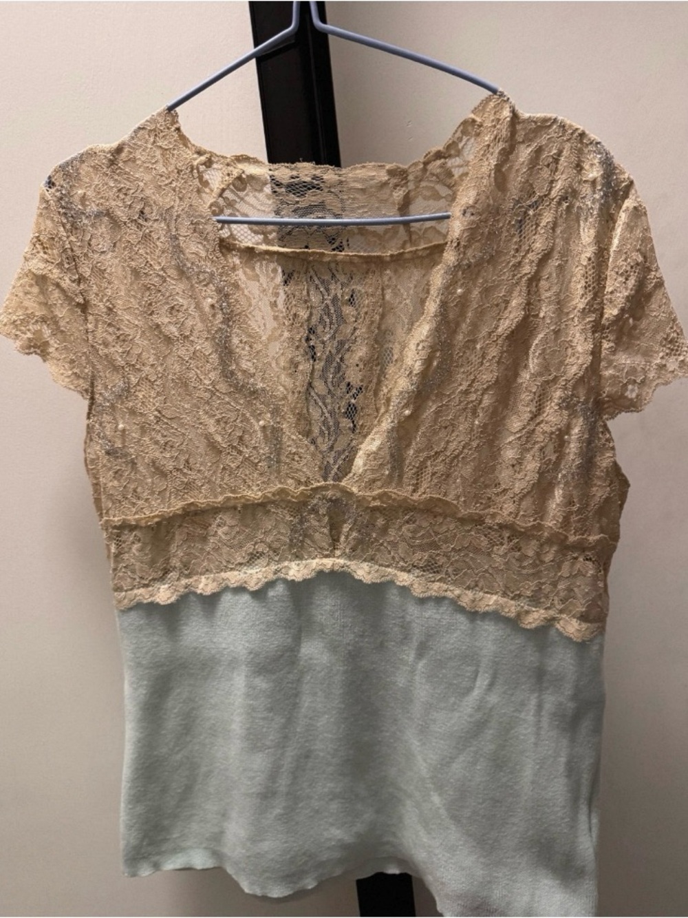 Lace Overlay Short Sleeve Tee - Cream Lace with Light Gray Body